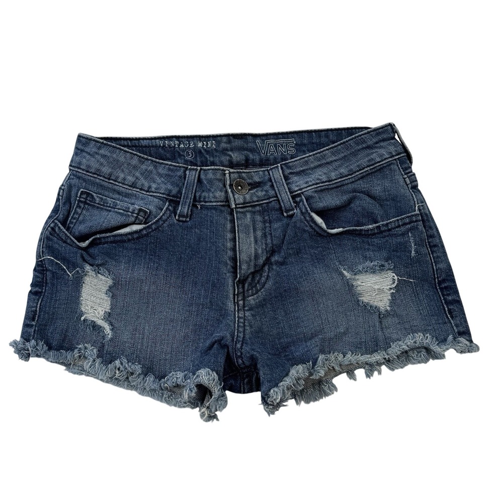 Vans Vintage Mini Distressed Denim Shorts Medium Wash Raw Hem Size 3